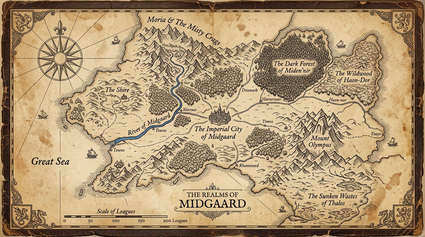 Hand-Drawn Lord of the Rings Style Map of the 43 Realms of WallyMud